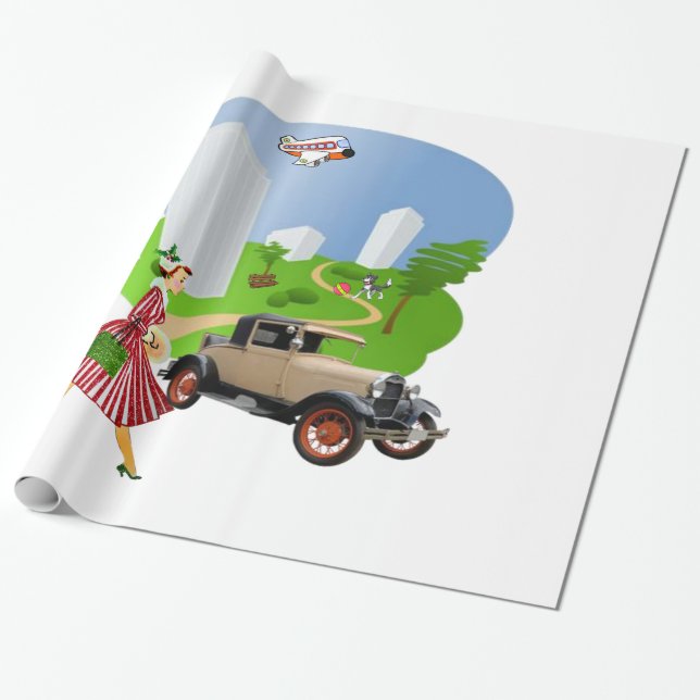 Glossy Wrapping Paper, Retro Woman Wrapping Paper (Unrolled)