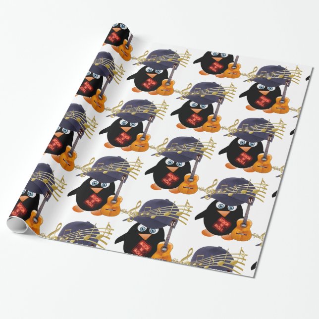 Glossy Wrapping Paper, Rock n Roll Penguin Guitar Wrapping Paper (Unrolled)