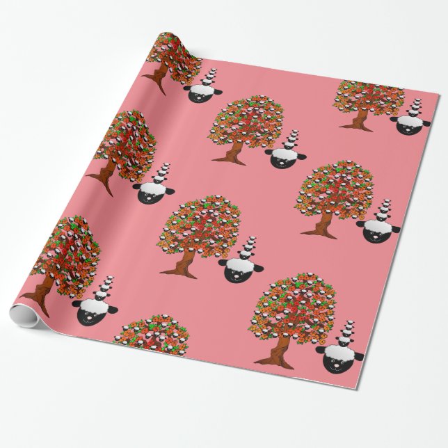 Glossy Wrapping Paper, Sheep Tree Pink Wrapping Paper (Unrolled)