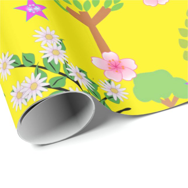 Glossy Wrapping Paper, Sheep Trees Floral Yellow Paper (Roll Corner)