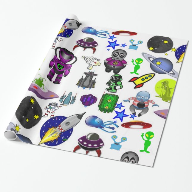 Glossy Wrapping Paper, Spaceships Aliens Paper (Unrolled)