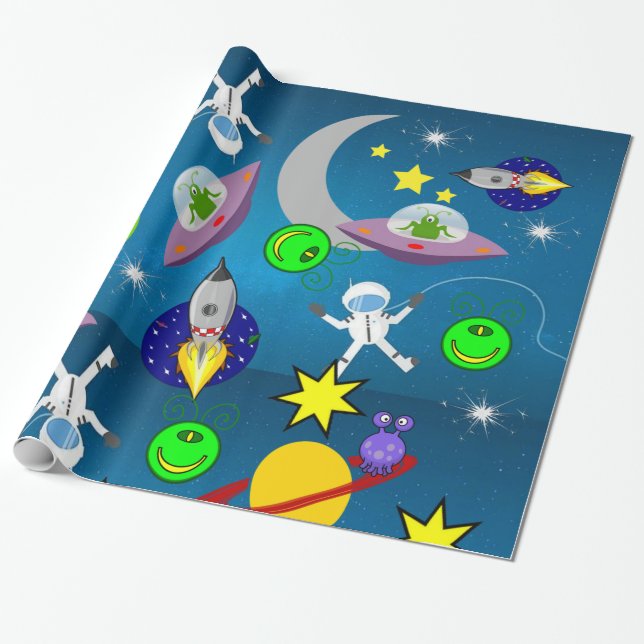 Glossy Wrapping Paper, Spaceships Aliens Wrapping Paper (Unrolled)