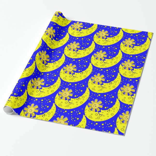 Glossy Wrapping Paper, Sun Moon Blue Yellow Paper (Unrolled)