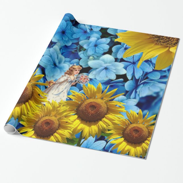 Glossy Wrapping Paper, Sunflower Blue Floral Wrapping Paper (Unrolled)