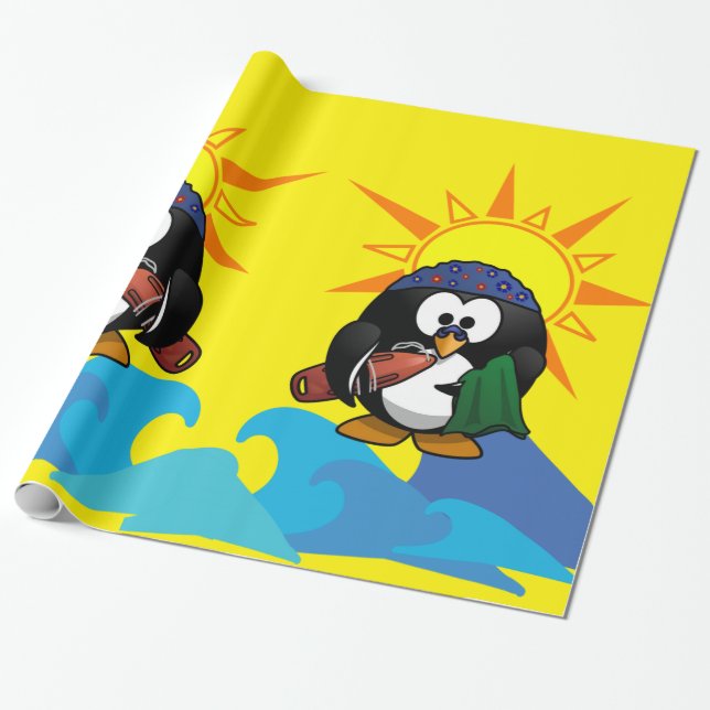 Glossy Wrapping Paper, Surfer Penguin Beach Paper (Unrolled)