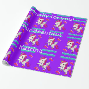 Glossy Wrapping Paper, Unicorn Blue Hearts Purple Paper