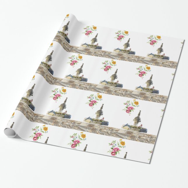 Glossy Wrapping Paper, Water Fountain Birds Floral Wrapping Paper (Unrolled)
