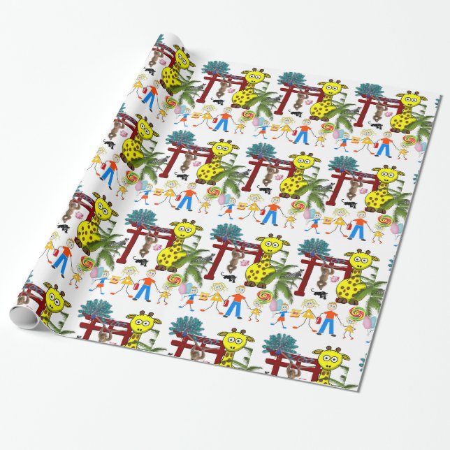 Glossy Wrapping Paper, Zoo Monkey Giraffe Paper (Unrolled)