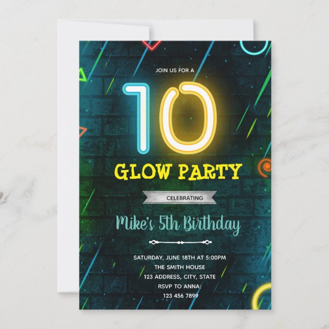 Glow 10th birthday party invitation (Front)