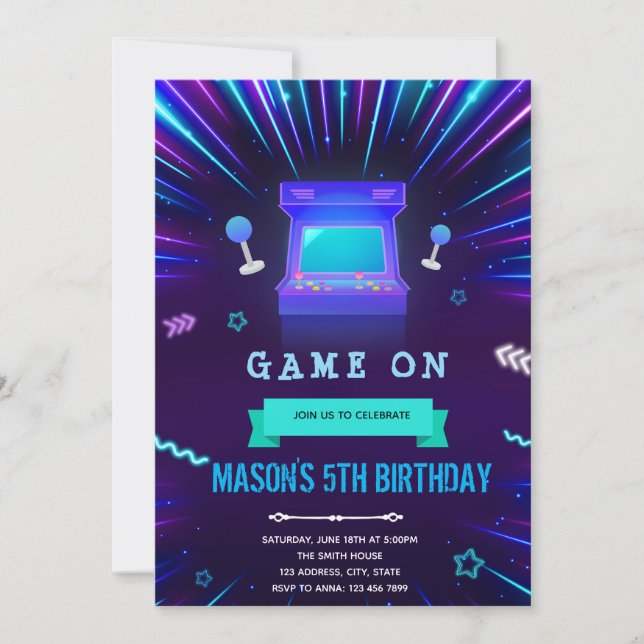 Glow arcade birthday invitation (Front)