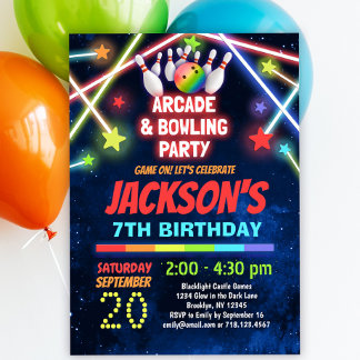 Glow Arcade Bowling Birthday Party  Invitation