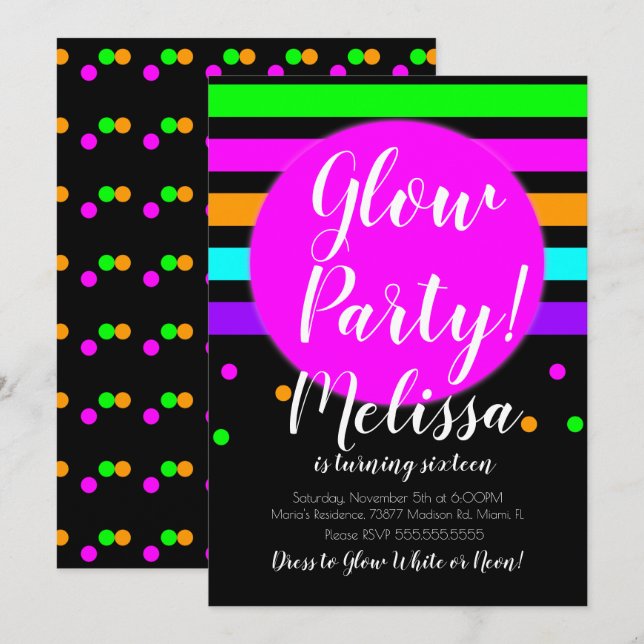 Glow Birthday Crazy Neon Glow In The Dark Party Invitation (Front/Back)