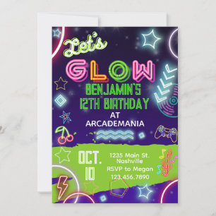 GLOW Birthday Gaming Arcade Party Glow Neon 80s Invitation