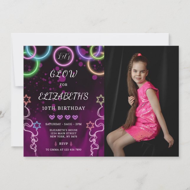 Glow Birthday Invitation With Photo (Front)