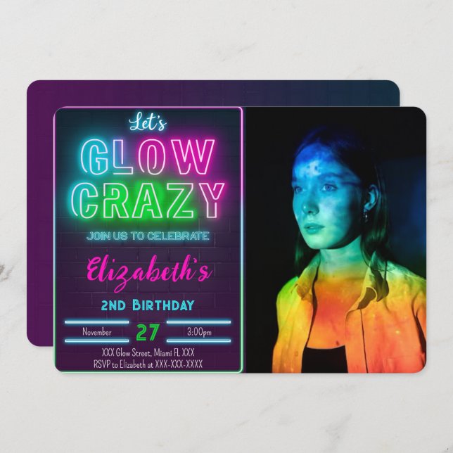 Glow Birthday Photo Invitation (Front/Back)