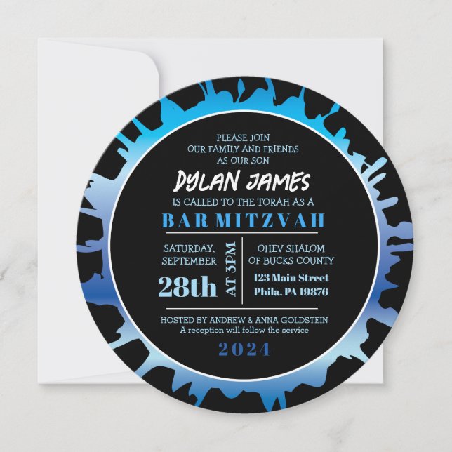 GLOW Blue Splash Bar Bat Mitzvah Invitation (Front)