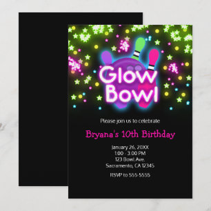 Glow Bowl Bowling Neon Stars Birthday Party Invitation