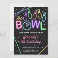 Glow Bowling Birthday Party Invitation Neon Colour