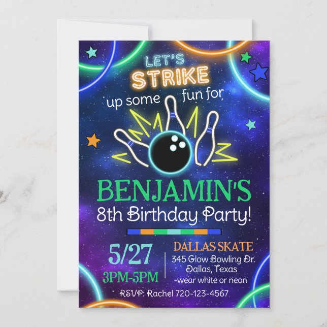 Glow Bowling Invitation, Glow Bowling Birthday Inv Invitation (Front)