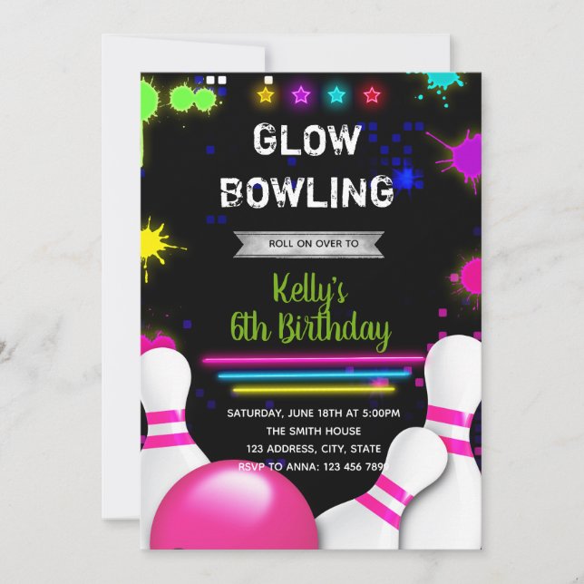 Glow bowling party invitation (Front)