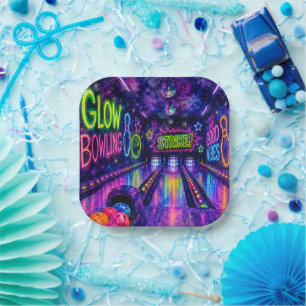 Glow Bowling Watercolor Teen Birthday Party Paper Plate