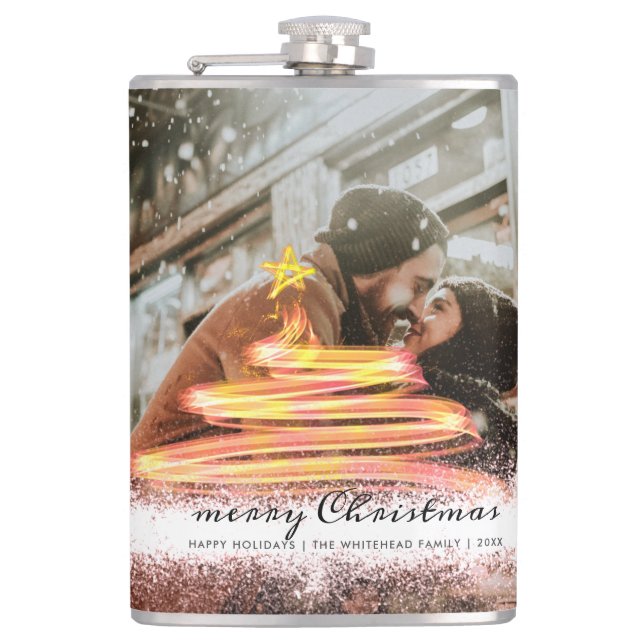Glow Christmas Tree Star Photo Glitter Hip Flask (Front)