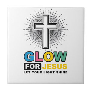 Glow For Jesus Christian Cross Light Shirt Design_ Ceramic Tile