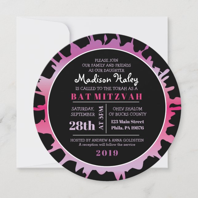GLOW Fuchsia Splash Bar Bat Mitzvah Invitation (Front)