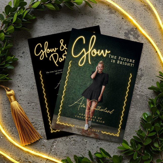 Glow Future is Bright Fun Yellow Neon Graduation (Glow Future is Bright Fun Yellow Neon Graduation Foil Invitation)