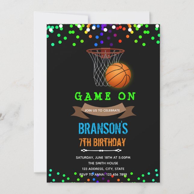 Glow in the dark basketball birthday invitation (Front)
