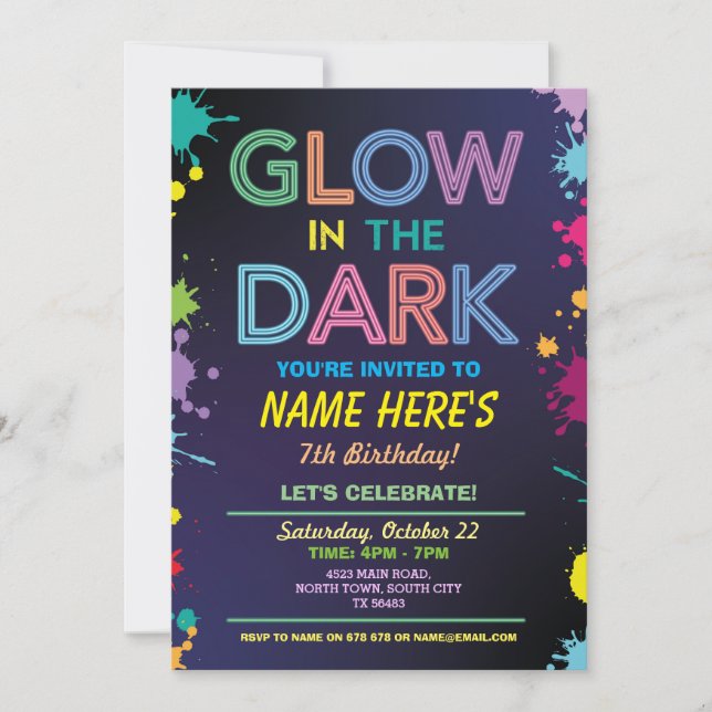 Glow In The Dark Birthday Neon Paint Skate Dance Invitation (Front)