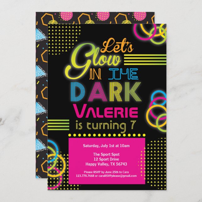 Glow in the dark girl birthday neon light invitation (Front/Back)