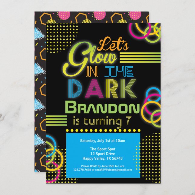Glow in the dark kid birthday blue party invitation (Front/Back)