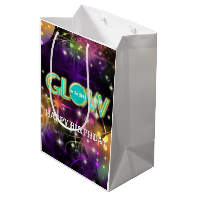 Glow in the dark kids neon birthday party bright medium gift bag (Back Angled)
