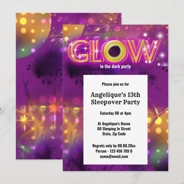 Glow in the dark kids neon party invitation (Front/Back)