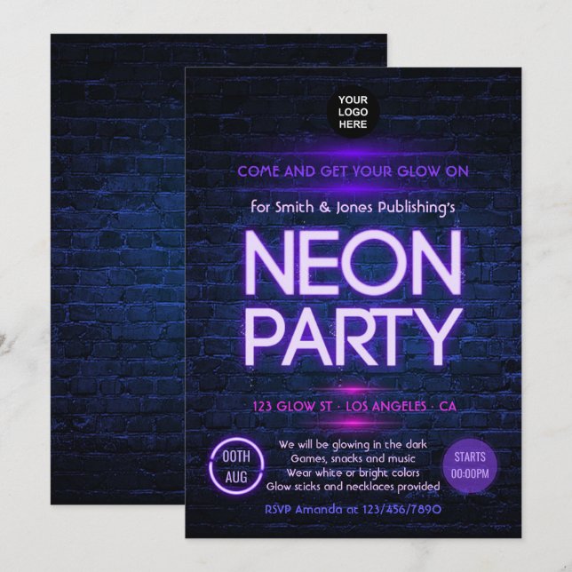 Glow in the Dark Neon Corporate party invitation (Front/Back)