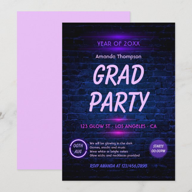 Glow in the Dark Neon Disco Graduation Party Invitation (Front/Back)