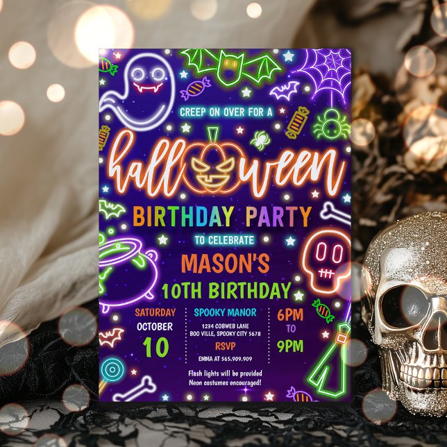 Glow In The Dark Neon Halloween Birthday Party Invitation (Creator Uploaded)