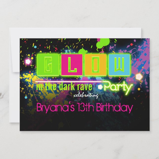 Glow in the dark neon paint party invitation (Front)