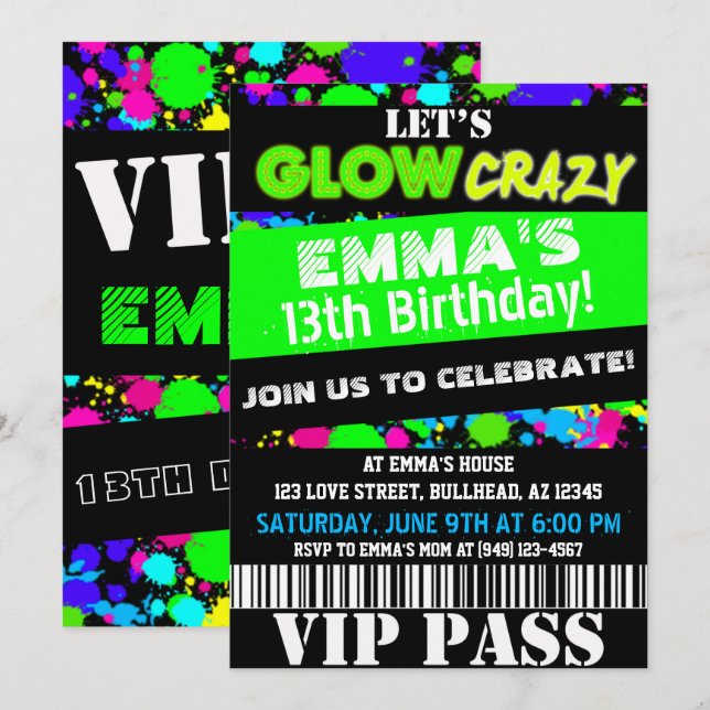 Glow in the Dark Neon Party VIP Pass Birthday Invitation (Front/Back)