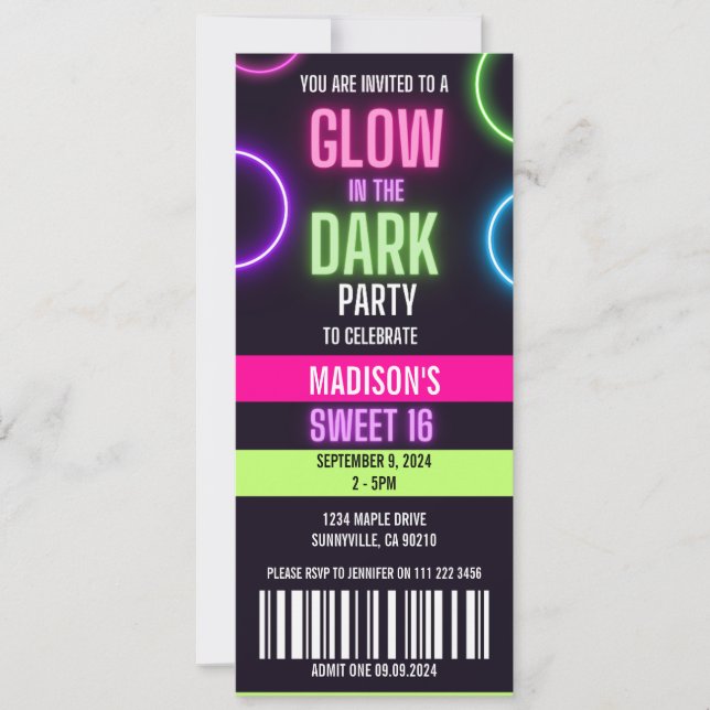Glow In The Dark Neon Sweet 16 Party Ticket Invitation (Front)