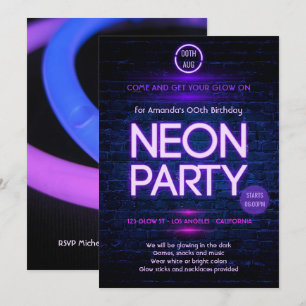 Glow in the Dark Neon Themed Party Invitation
