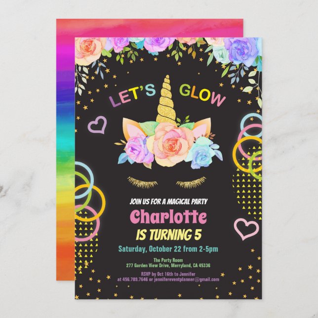 Glow in the dark party unicorn girl birthday invitation (Front/Back)