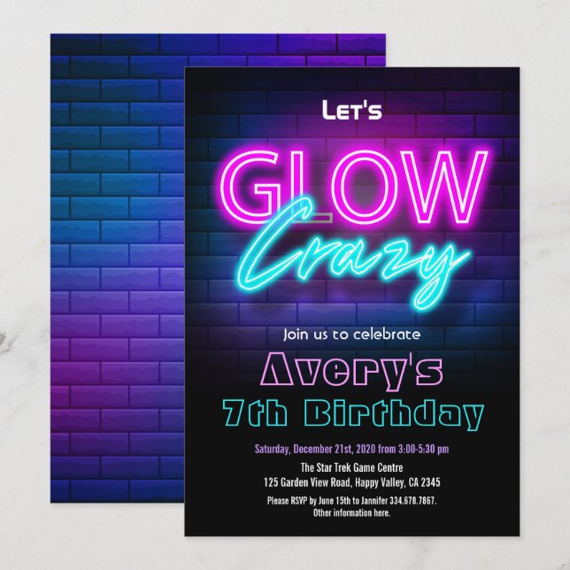 Glow In The Dark Pink Birthday Party Invitation (Front/Back)