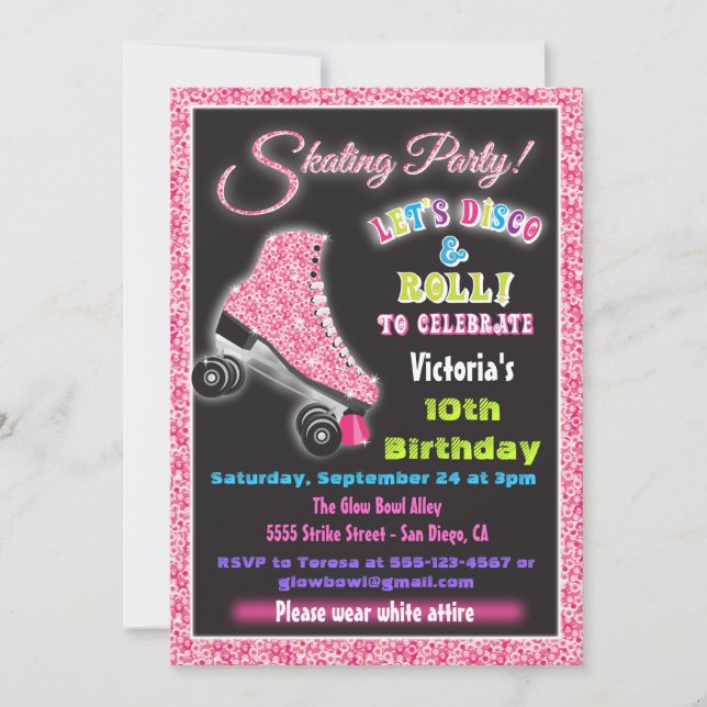 Glow in the dark roller Disco Skating invitations (Front)