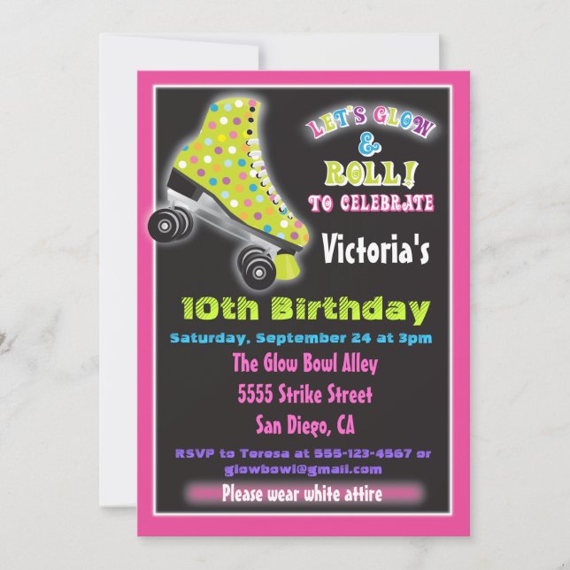 Glow in the dark roller Skating party invitations (Front)