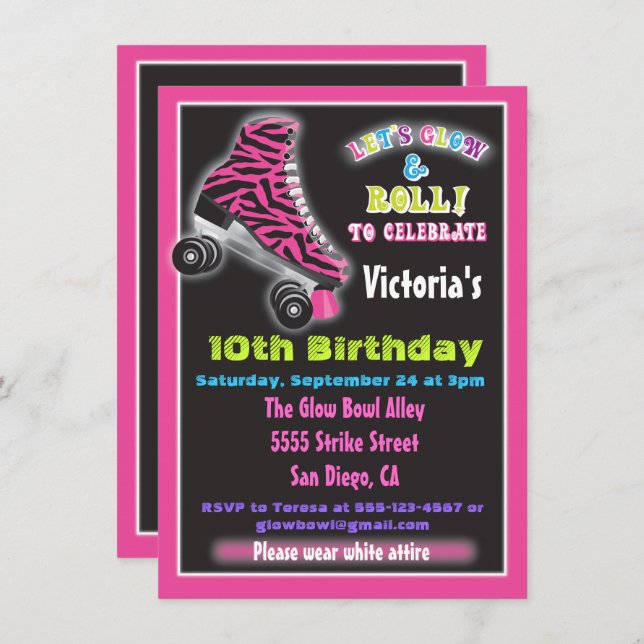 Glow in the dark roller Skating party invitations (Front/Back)