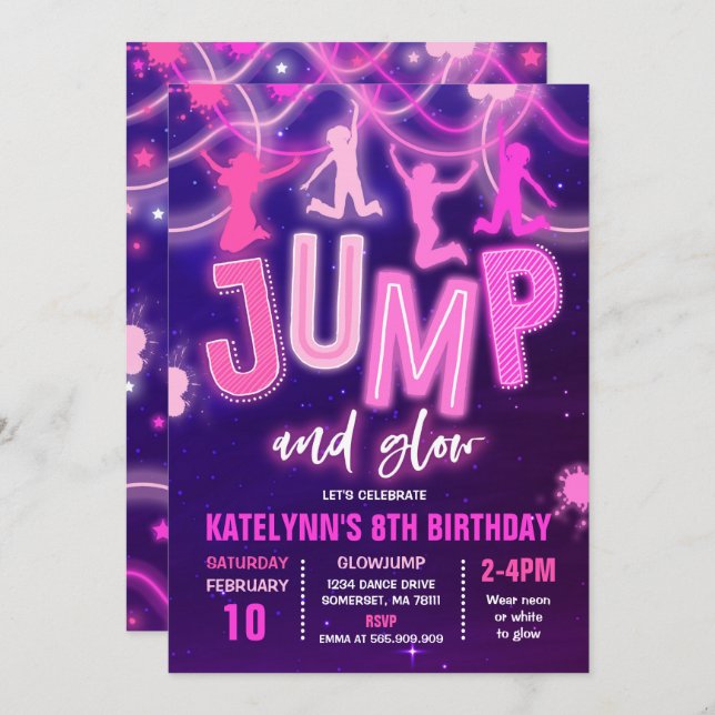 Glow Jump Invitation Neon Jump Birthday Party (Front/Back)