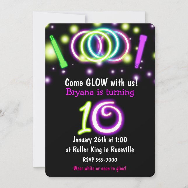 GLOW Lights 10th Birthday Party Age 10 Invitation (Front)