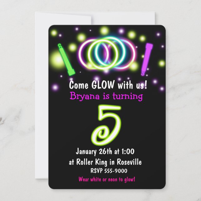 GLOW Lights 5th Birthday Party Age 5 Invitation (Front)